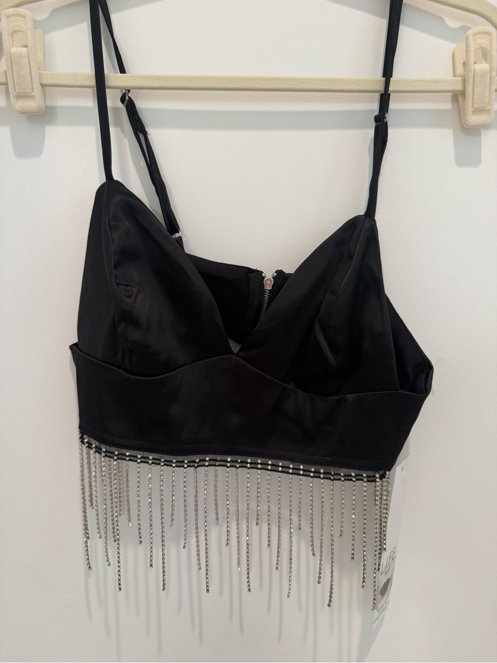 Black Beaded Fringe Satin Cami Top NWT